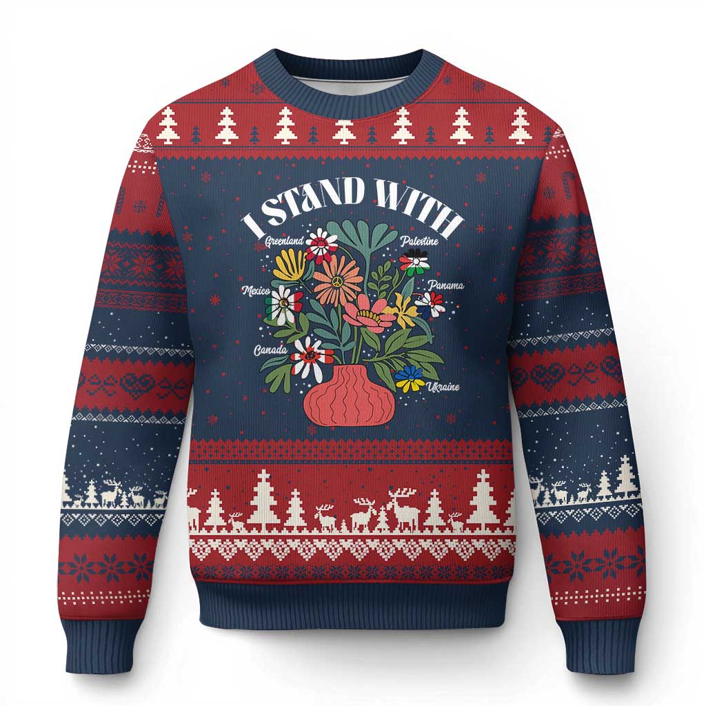 I Stand With Canada Greenland Mexico Panama Gaza Ukraine Ugly Christmas Sweater Retro Floral TS11 Navy Red Print Your Wear