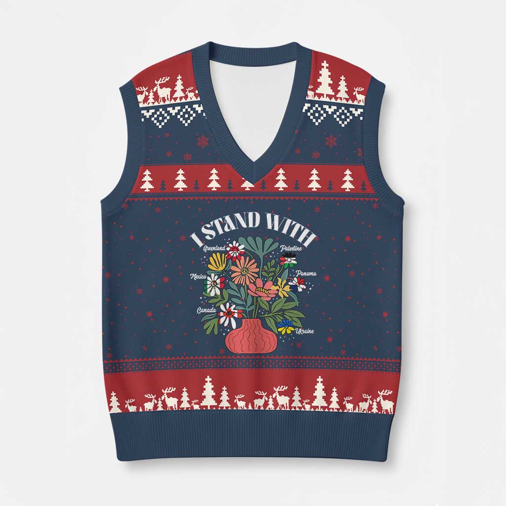 I Stand With Canada Greenland Mexico Panama Gaza Ukraine V-Neck Knit Sweater Vest Retro Floral TS11 Navy Red Print Your Wear