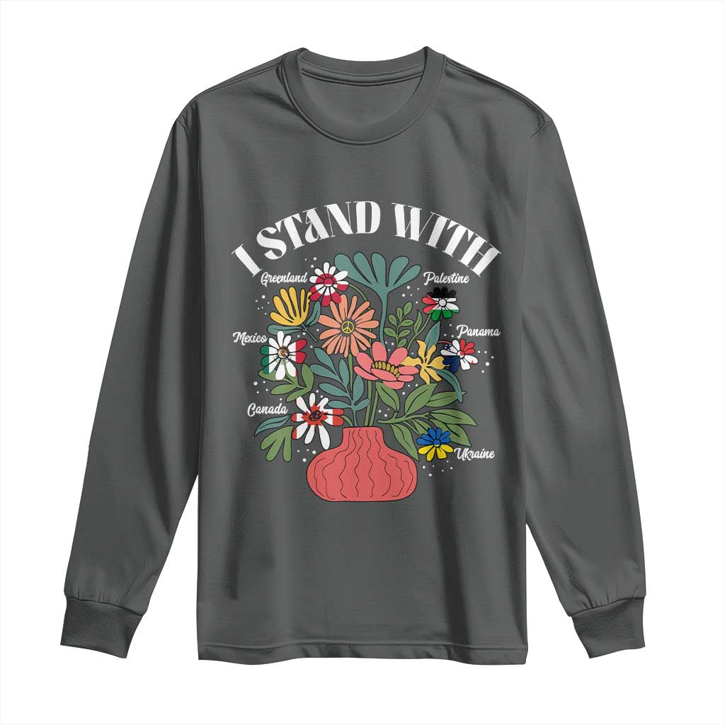 I Stand With Canada Greenland Mexico Panama Gaza Ukraine Long Sleeve Shirt Retro Floral TS11 Dark Heather Print Your Wear