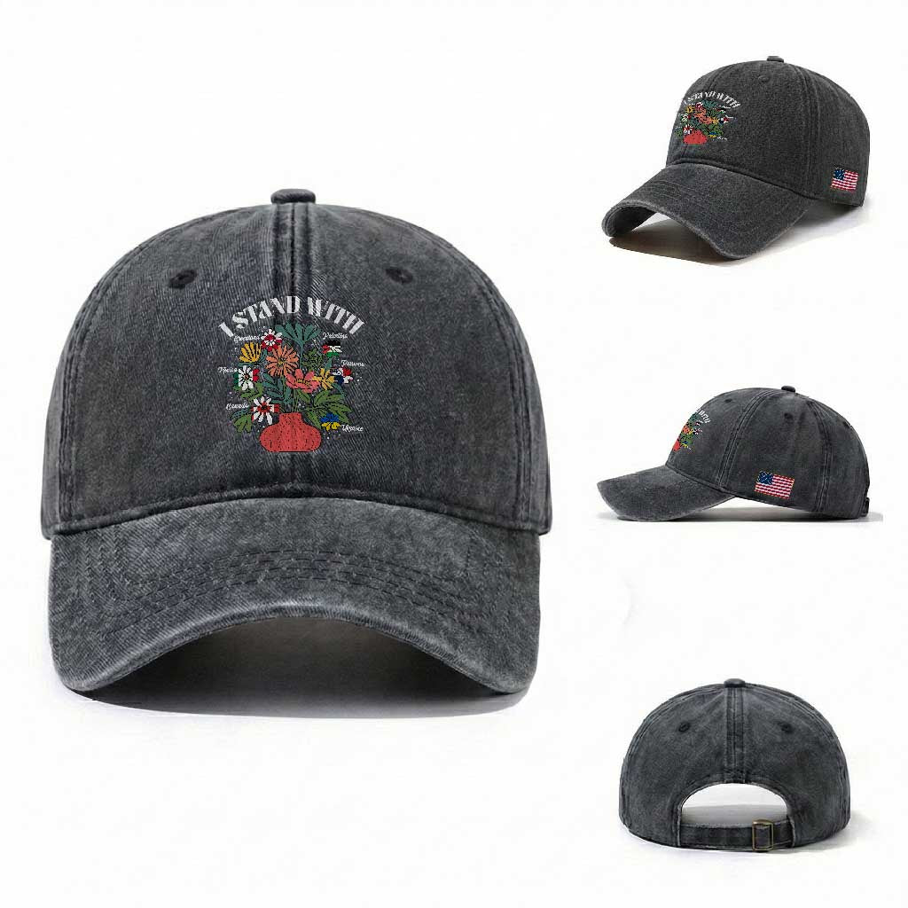 I Stand With Canada Greenland Mexico Panama Gaza Ukraine Washed Cotton Baseball Cap Retro Floral TS11 Washed Cap Universal Fit Dark Gray Print Your Wear