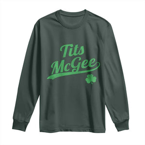 Tits McGee Long Sleeve Shirt Funny Womens St Patricks Day Vintage Shamrocks TS11 Dark Forest Green Print Your Wear