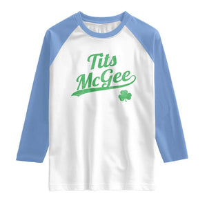 Tits McGee Raglan Shirt Funny Womens St Patricks Day Vintage Shamrocks TS11 White Carolina Blue Print Your Wear