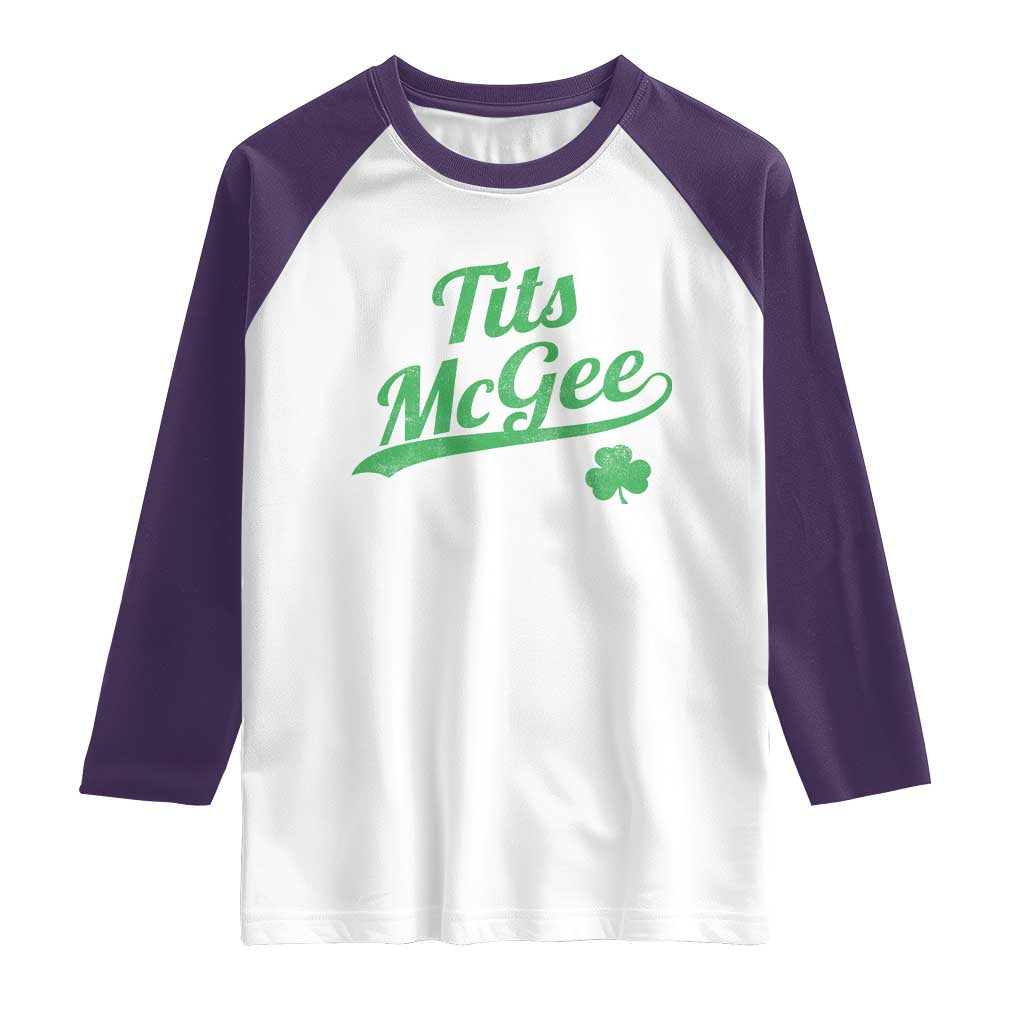 Tits McGee Raglan Shirt Funny Womens St Patricks Day Vintage Shamrocks TS11 White Purple Print Your Wear
