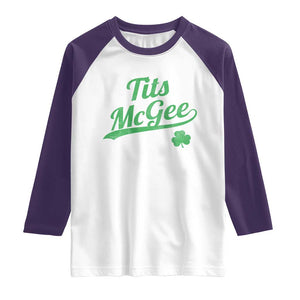 Tits McGee Raglan Shirt Funny Womens St Patricks Day Vintage Shamrocks TS11 White Purple Print Your Wear