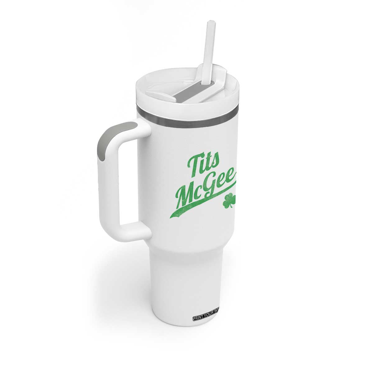 Tits McGee Tumbler With Handle Funny Womens St Patricks Day Vintage Shamrocks TS11 Print Your Wear