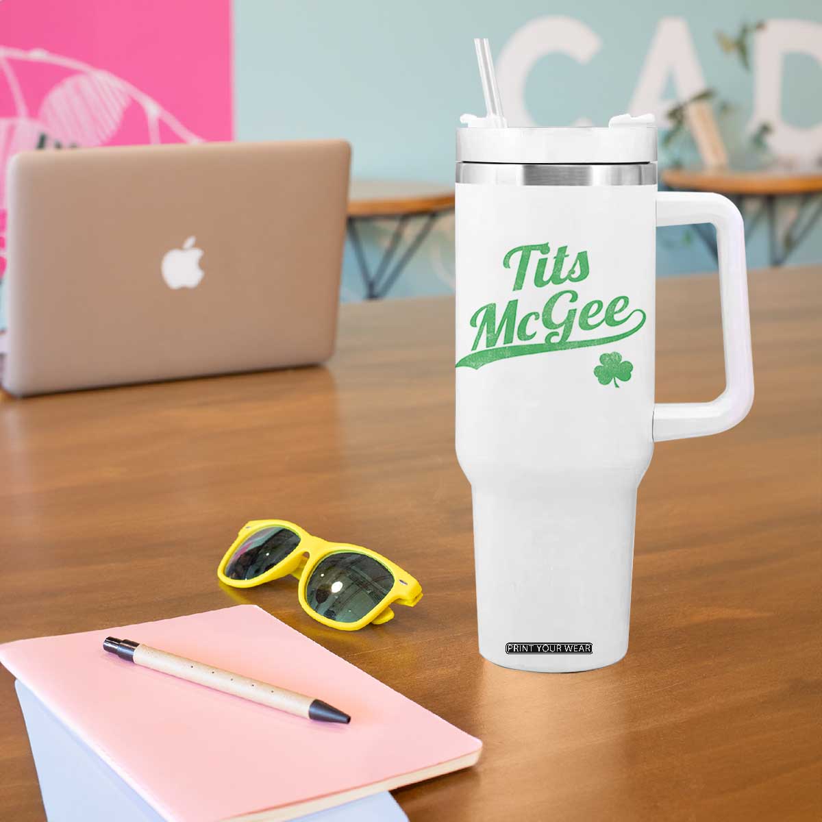 Tits McGee Tumbler With Handle Funny Womens St Patricks Day Vintage Shamrocks TS11 Print Your Wear
