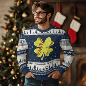 Softball St Patricks Day Irish Clover Sport Ugly Christmas Sweater TS11 Navy Beige Print Your Wear
