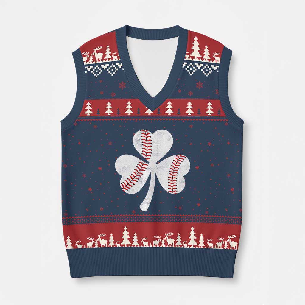 Funny Baseball St Patricks Day Distressed Shamrock V-Neck Knit Sweater Vest TS11 Navy Red Print Your Wear