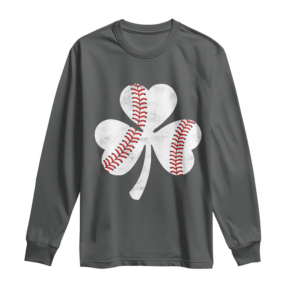 Funny Baseball St Patricks Day Distressed Shamrock Long Sleeve Shirt TS11 Dark Heather Print Your Wear