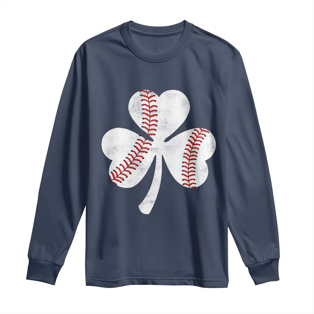 Funny Baseball St Patricks Day Distressed Shamrock Long Sleeve Shirt TS11 Navy Print Your Wear