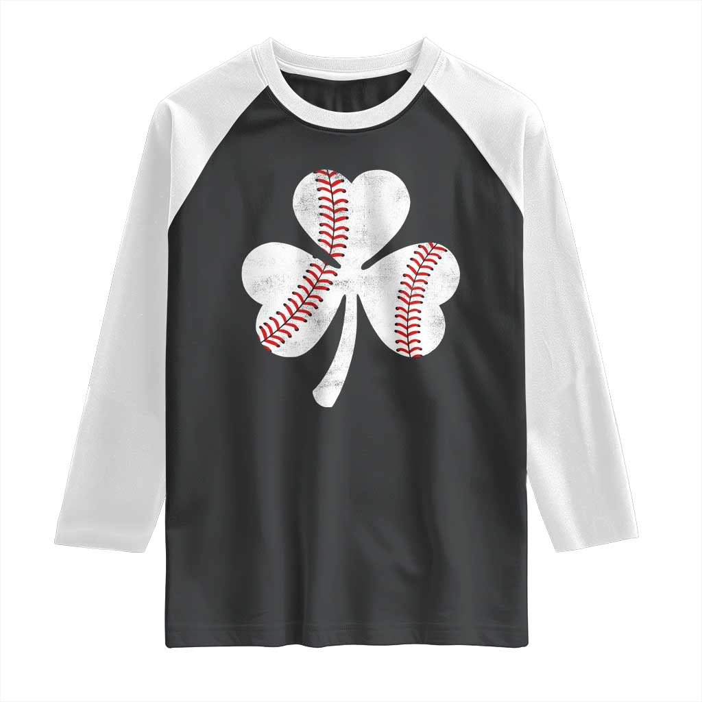 Funny Baseball St Patricks Day Distressed Shamrock Raglan Shirt TS11 Black White Print Your Wear