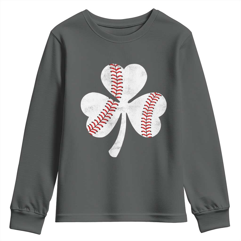 Funny Baseball St Patricks Day Distressed Shamrock Youth Sweatshirt TS11 Dark Heather Print Your Wear
