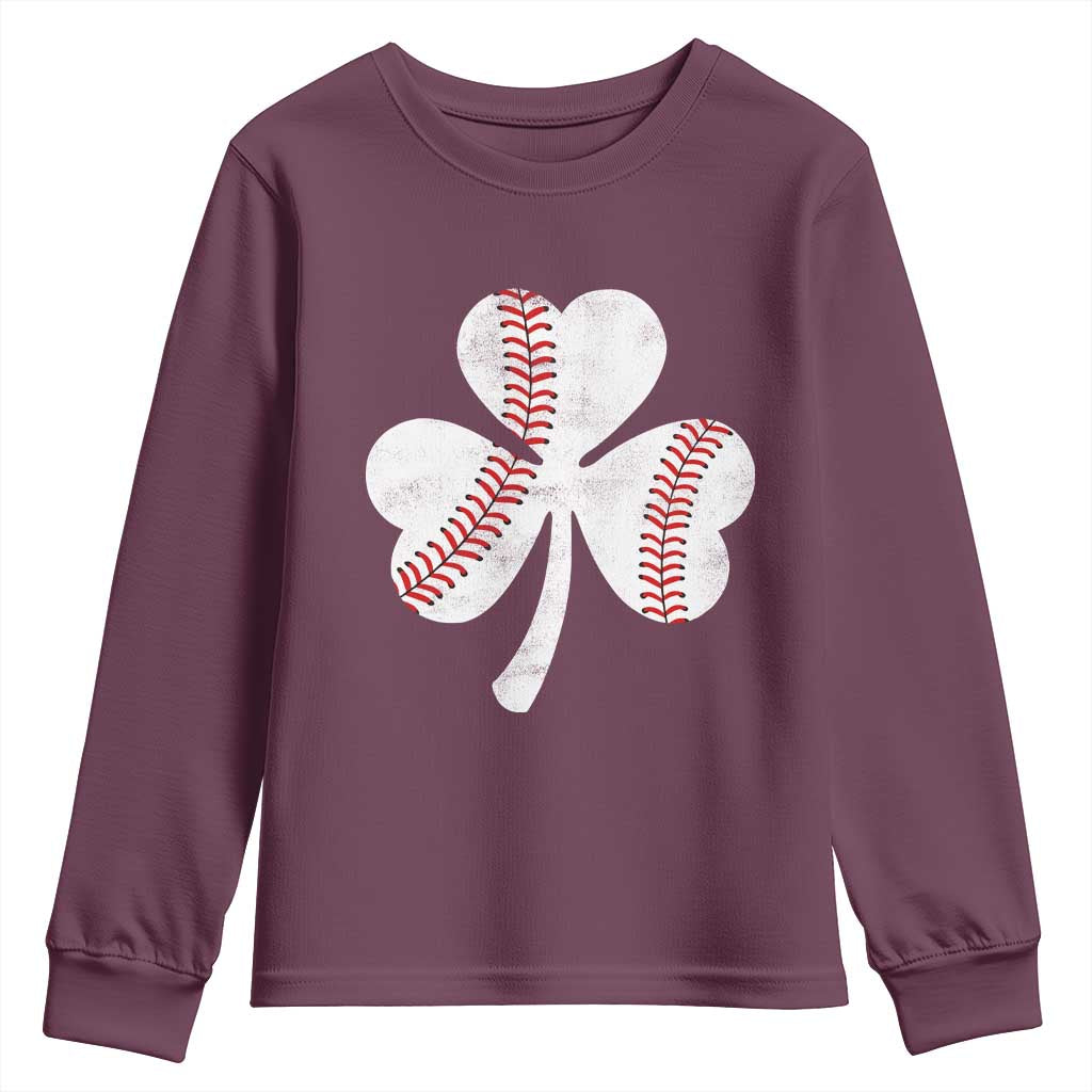 Funny Baseball St Patricks Day Distressed Shamrock Youth Sweatshirt TS11 Maroon Print Your Wear