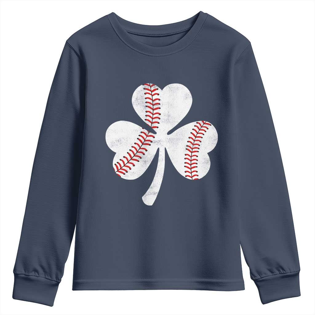 Funny Baseball St Patricks Day Distressed Shamrock Youth Sweatshirt TS11 Navy Print Your Wear