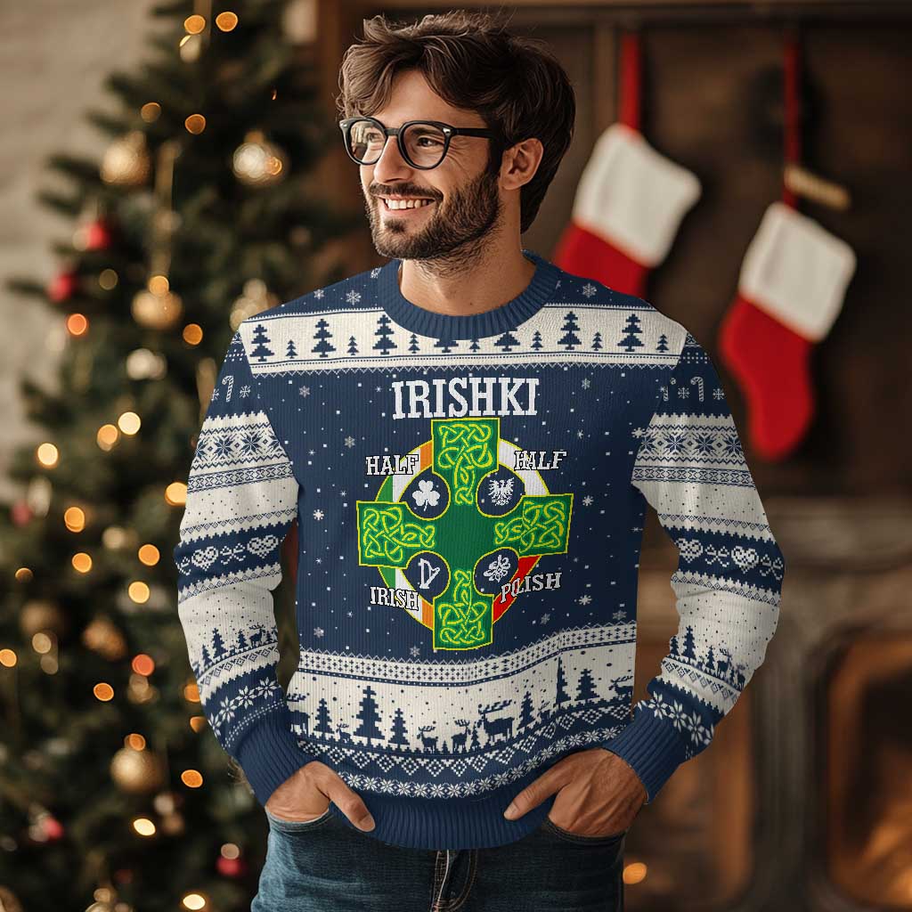 Irishki Half Irish Half Polish Ugly Christmas Sweater Celtic Cross St Patricks TS11 Navy Beige Print Your Wear