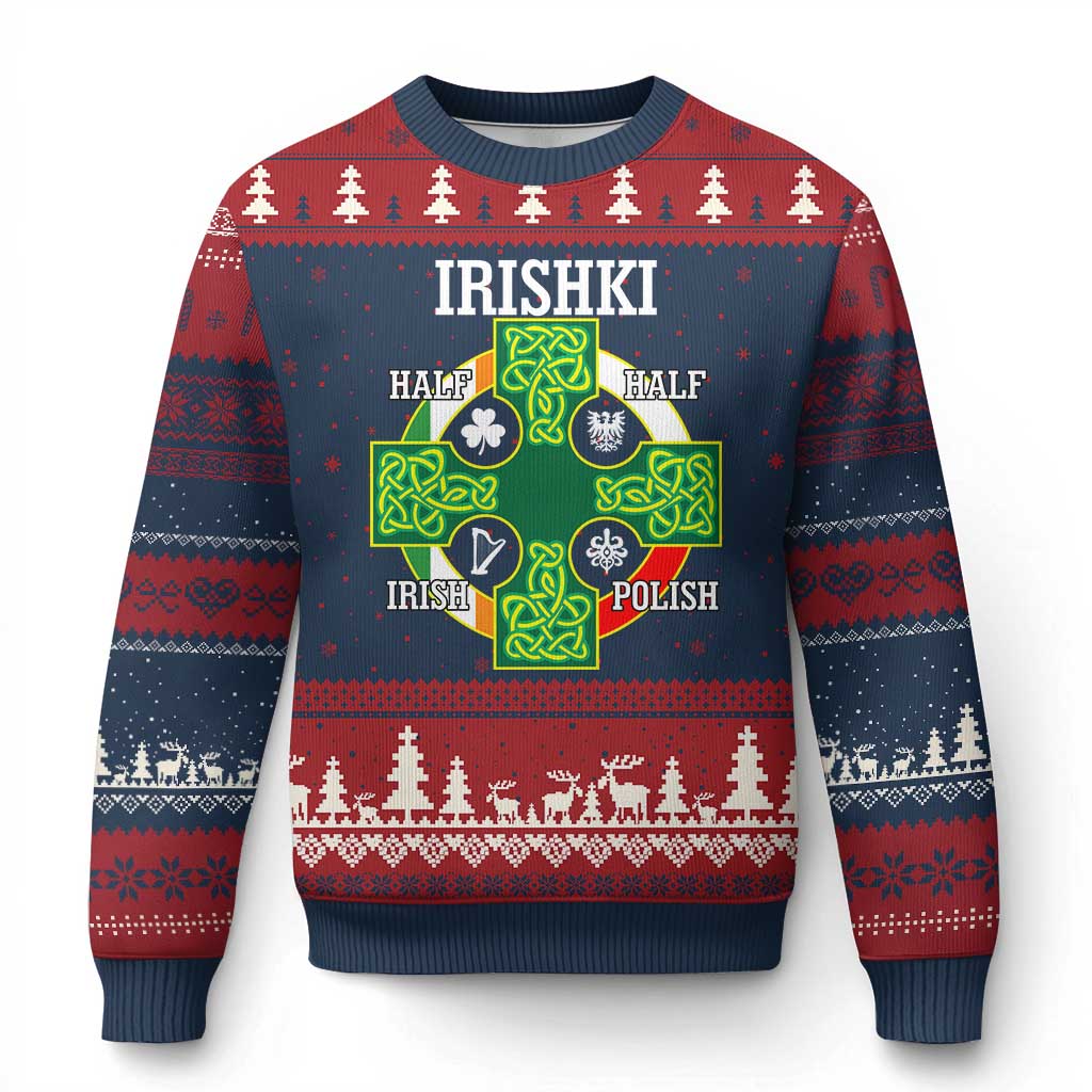 Irishki Half Irish Half Polish Ugly Christmas Sweater Celtic Cross St Patricks TS11 Navy Red Print Your Wear