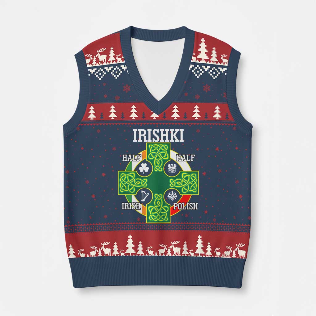 Irishki Half Irish Half Polish V-Neck Knit Sweater Vest Celtic Cross St Patricks TS11 Navy Red Print Your Wear