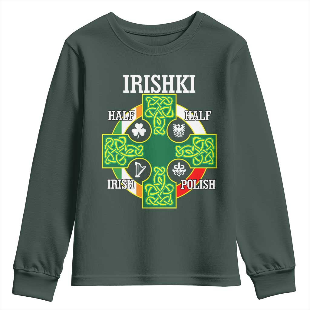 Irishki Half Irish Half Polish Youth Sweatshirt Celtic Cross St Patricks TS11 Dark Forest Green Print Your Wear