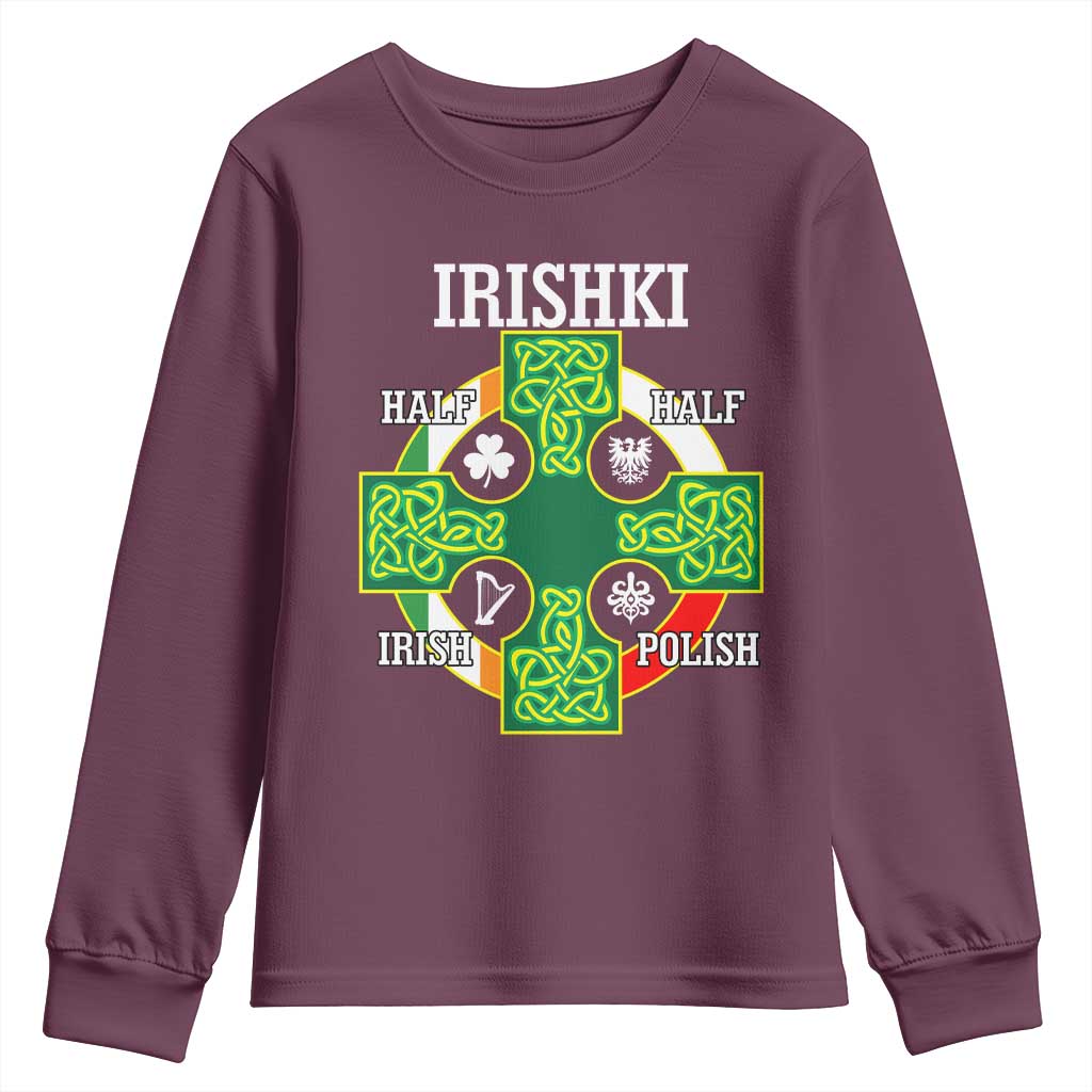 Irishki Half Irish Half Polish Youth Sweatshirt Celtic Cross St Patricks TS11 Maroon Print Your Wear