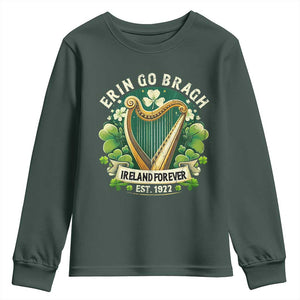 Irish Pride Youth Sweatshirt Ireland Forever Erin Go Bragh Est 1922 Harp Shamrock TS11 Dark Forest Green Print Your Wear