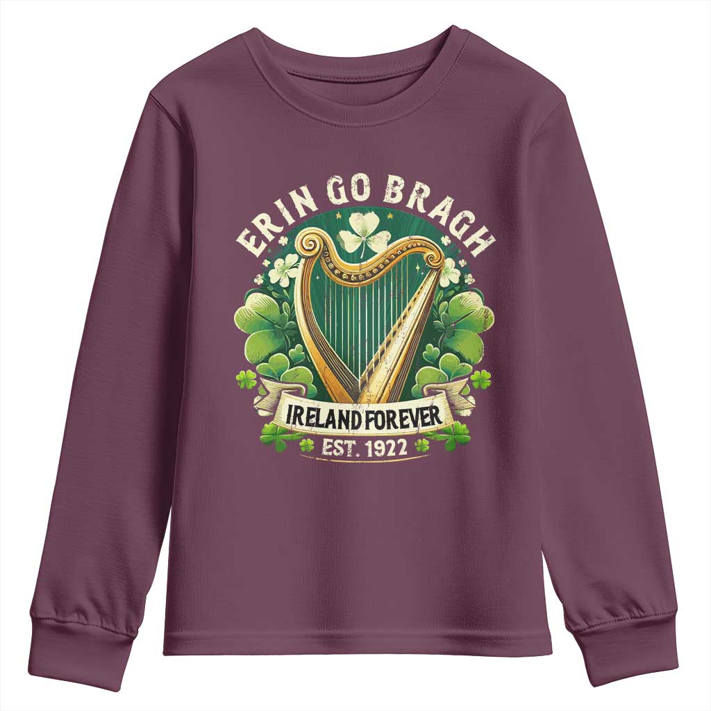 Irish Pride Youth Sweatshirt Ireland Forever Erin Go Bragh Est 1922 Harp Shamrock TS11 Maroon Print Your Wear
