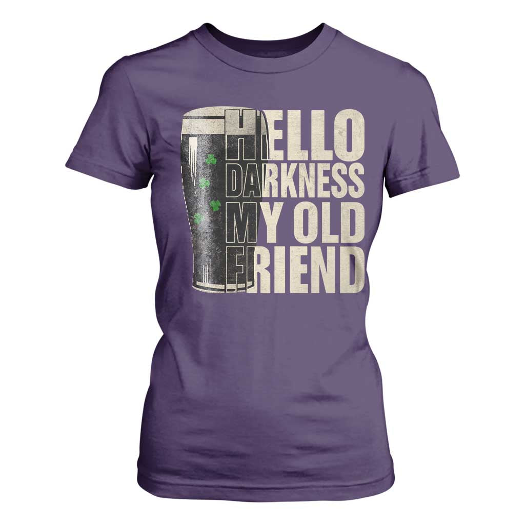 Funny St Patrick's Day Black Irish Beer T Shirt For Women Hello Darkness My Old Friend Shamrock TS11 Purple Print Your Wear