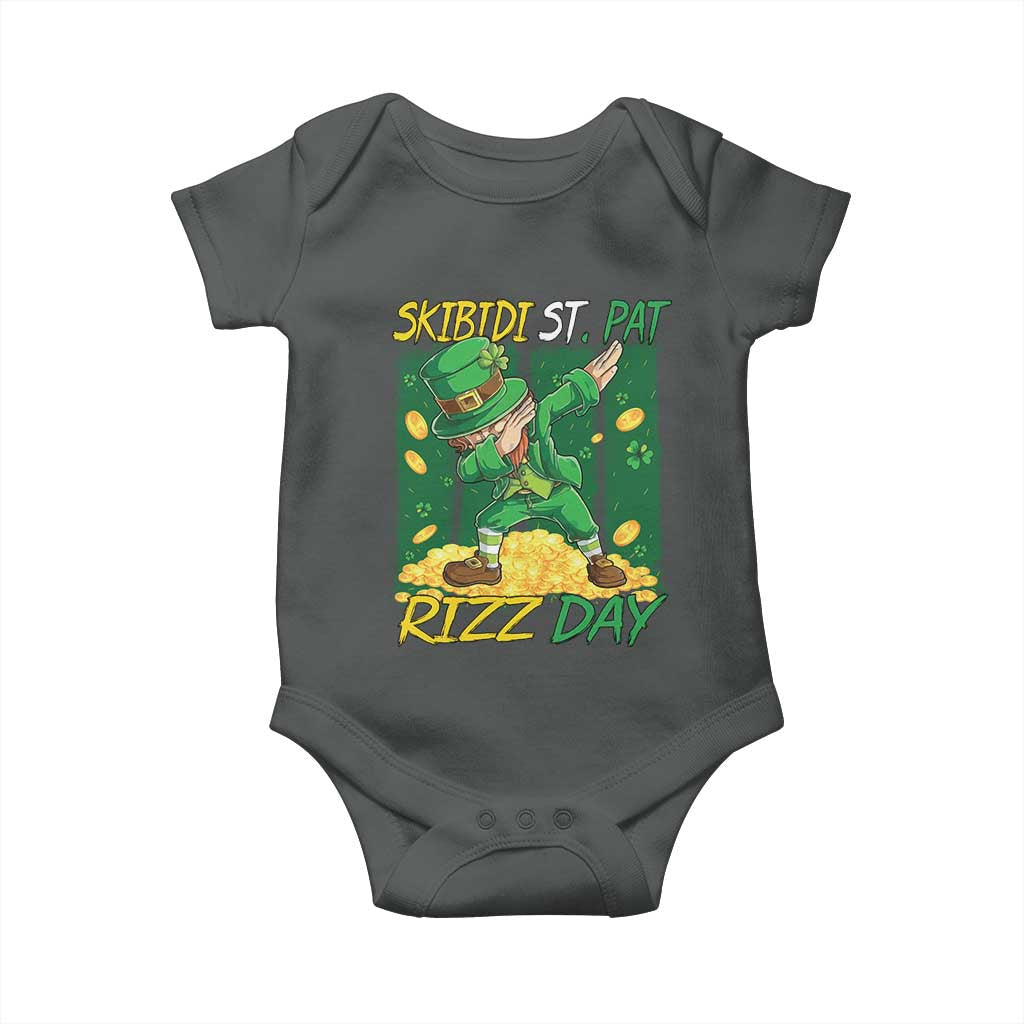 Funny Skibidi St Pat Rizz Day Baby Onesie Dabbing Leprechaun Shamrock Coin TS11 Dark Heather Print Your Wear