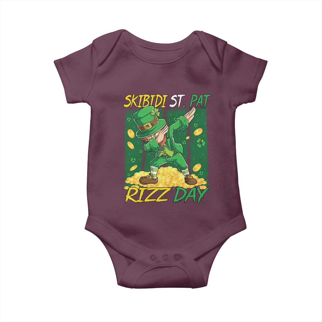 Funny Skibidi St Pat Rizz Day Baby Onesie Dabbing Leprechaun Shamrock Coin TS11 Maroon Print Your Wear