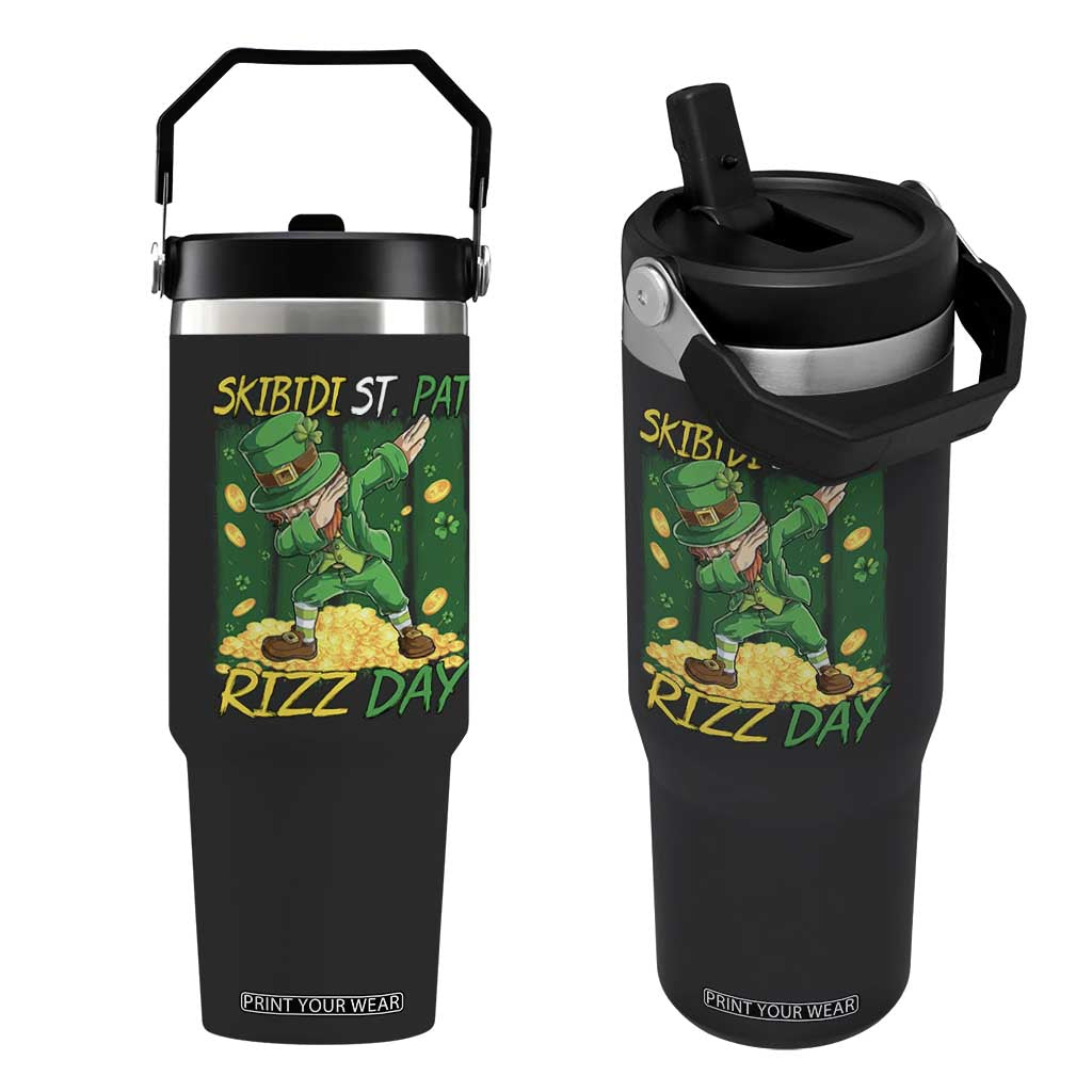 Funny Skibidi St Pat Rizz Day Flip Straw Tumbler Dabbing Leprechaun Shamrock Coin TS11 One Size: 30 oz Black Print Your Wear
