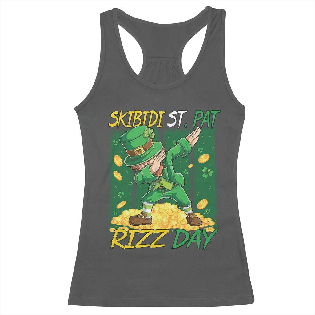 Funny Skibidi St Pat Rizz Day Racerback Tank Top Dabbing Leprechaun Shamrock Coin TS11 Dark Heather Print Your Wear