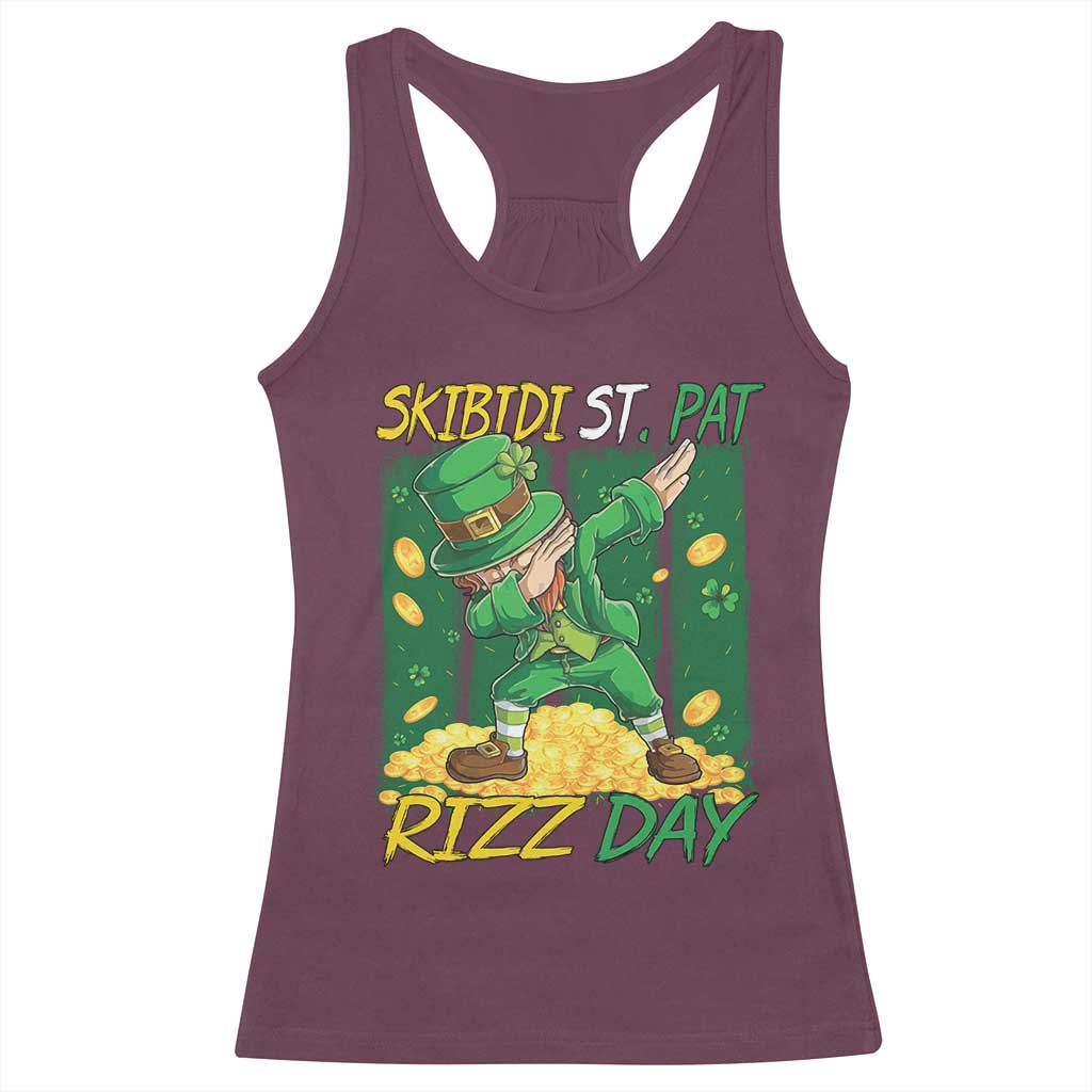 Funny Skibidi St Pat Rizz Day Racerback Tank Top Dabbing Leprechaun Shamrock Coin TS11 Maroon Print Your Wear