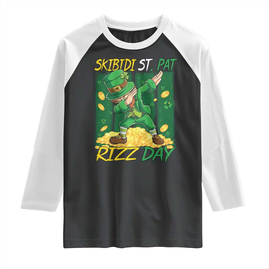 Funny Skibidi St Pat Rizz Day Raglan Shirt Dabbing Leprechaun Shamrock Coin TS11 Black White Print Your Wear