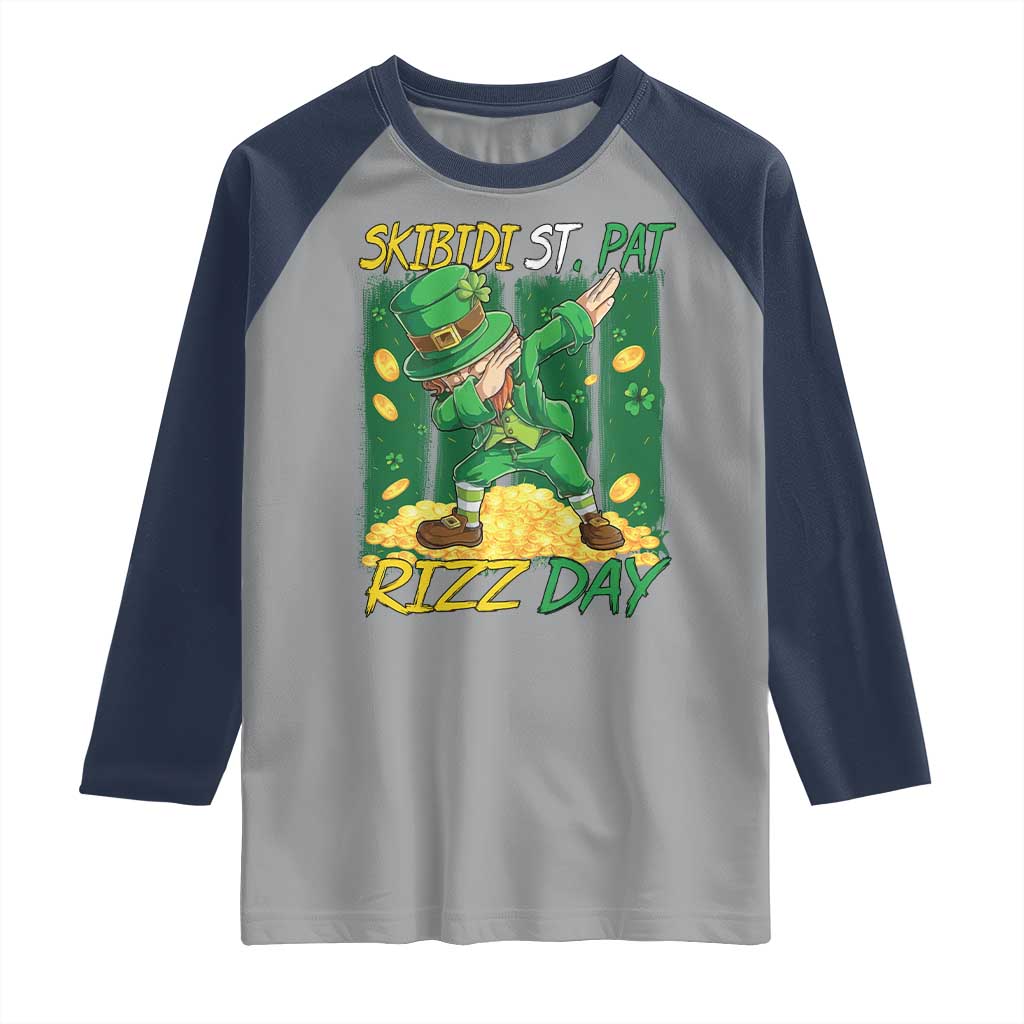 Funny Skibidi St Pat Rizz Day Raglan Shirt Dabbing Leprechaun Shamrock Coin TS11 Sport Gray Navy Print Your Wear