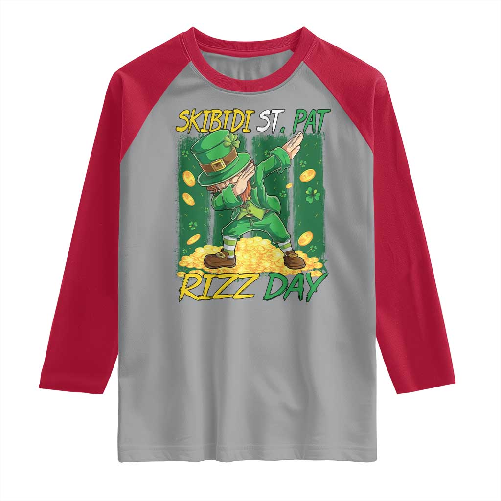 Funny Skibidi St Pat Rizz Day Raglan Shirt Dabbing Leprechaun Shamrock Coin TS11 Sport Gray Red Print Your Wear