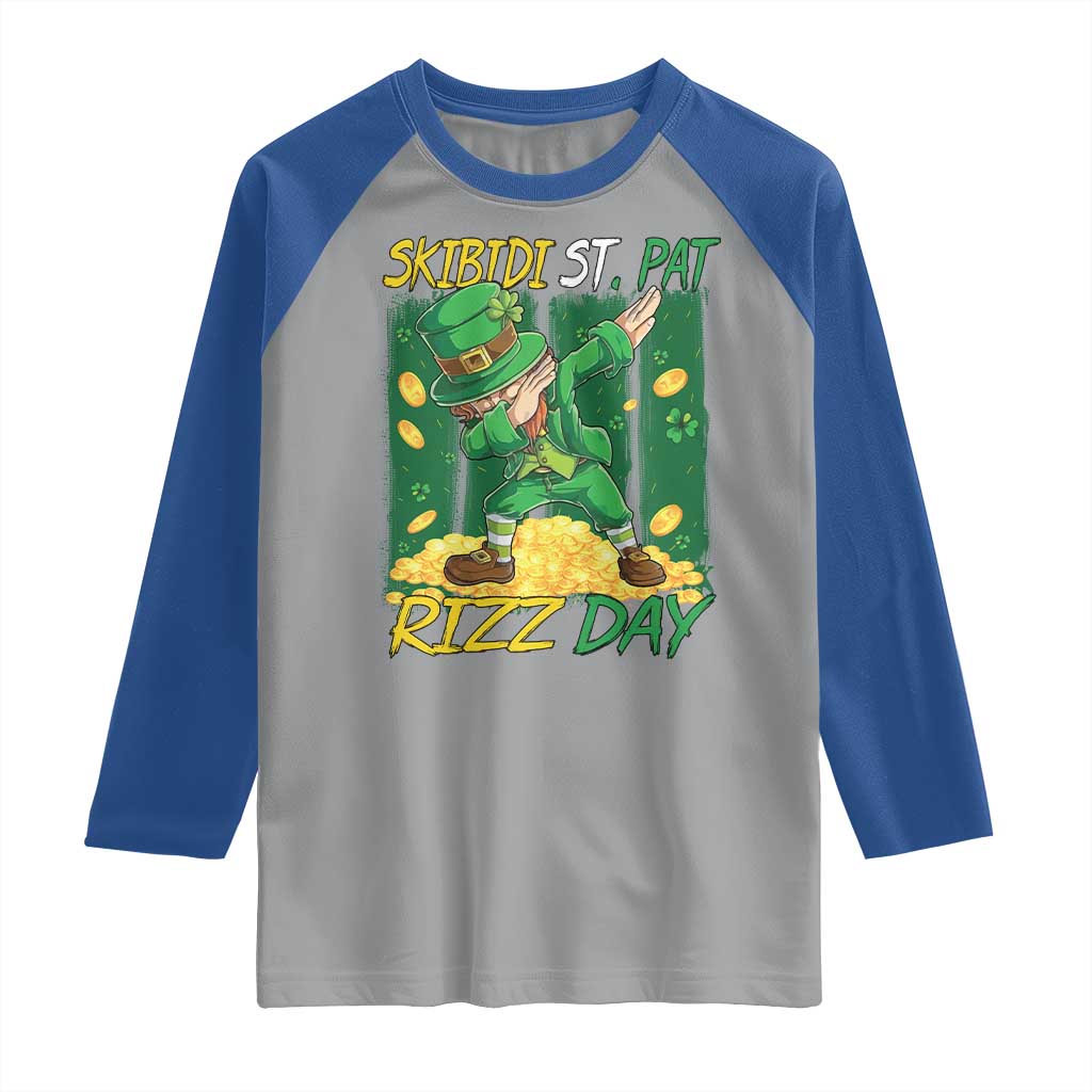 Funny Skibidi St Pat Rizz Day Raglan Shirt Dabbing Leprechaun Shamrock Coin TS11 Sport Gray Royal Print Your Wear