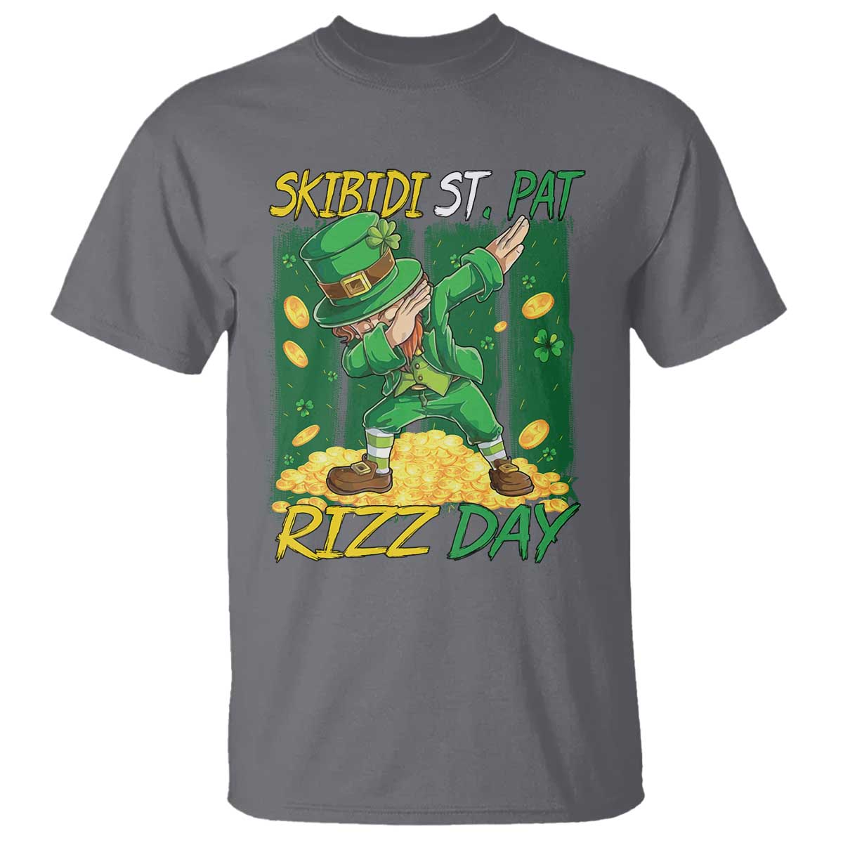 Funny Skibidi St Pat Rizz Day T Shirt Dabbing Leprechaun Shamrock Coin TS11 Charcoal Print Your Wear