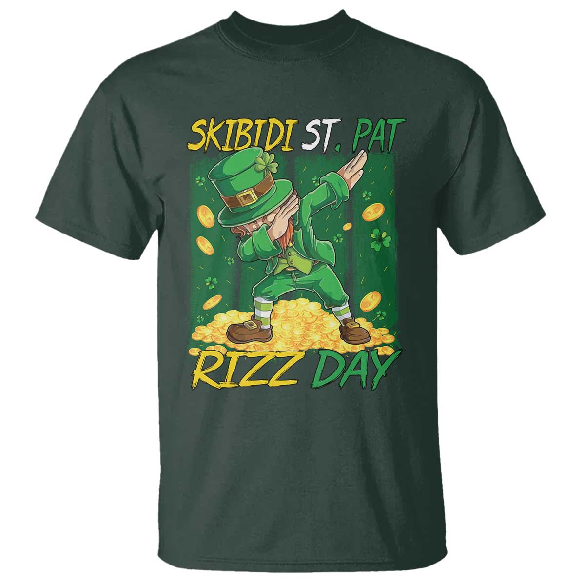 Funny Skibidi St Pat Rizz Day T Shirt Dabbing Leprechaun Shamrock Coin TS11 Dark Forest Green Print Your Wear