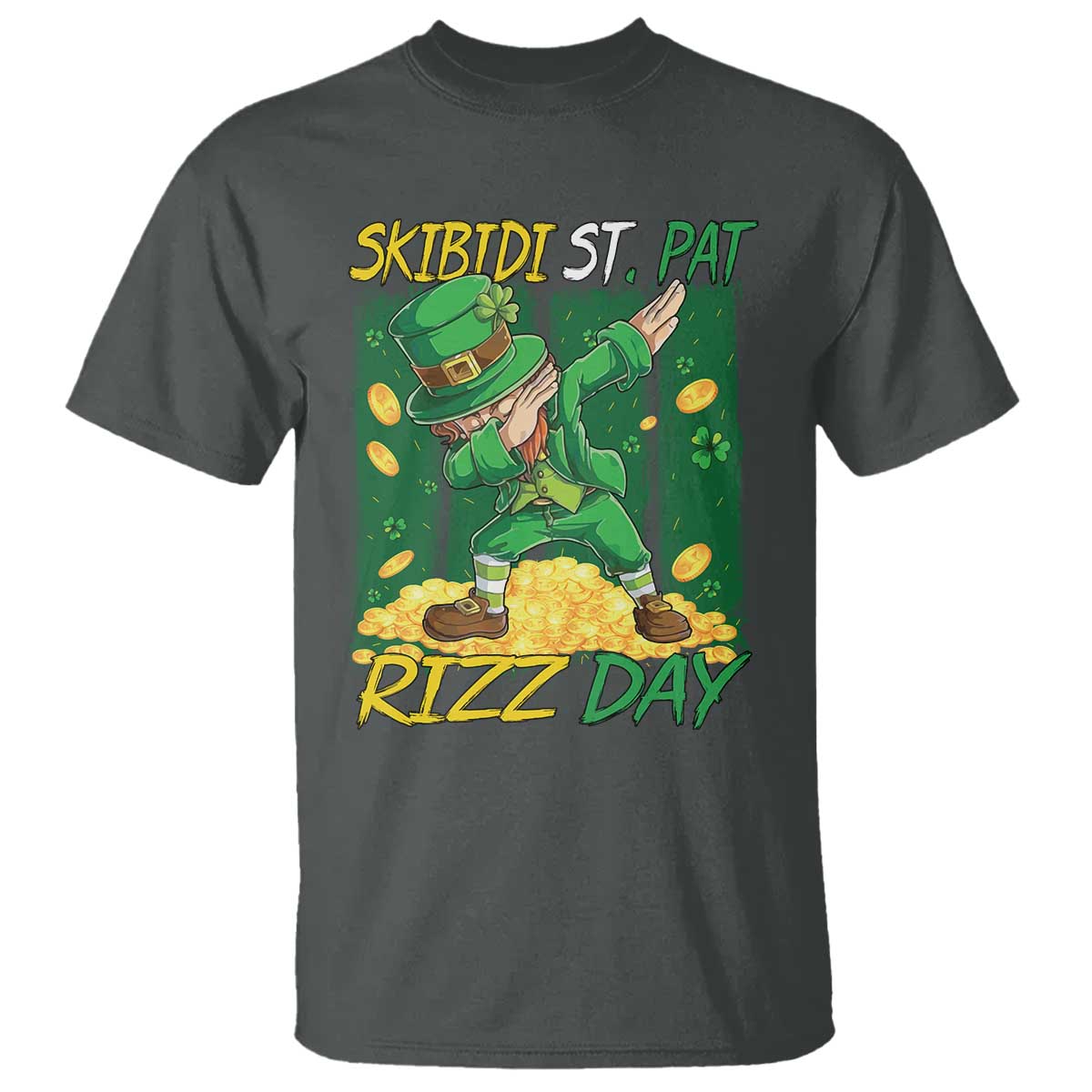 Funny Skibidi St Pat Rizz Day T Shirt Dabbing Leprechaun Shamrock Coin TS11 Dark Heather Print Your Wear