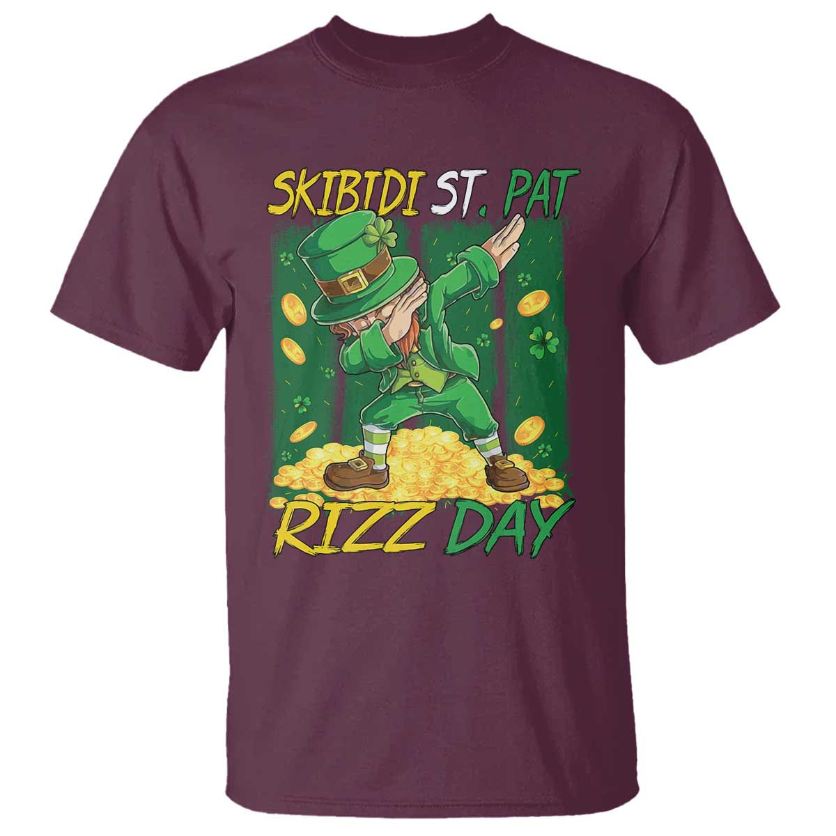Funny Skibidi St Pat Rizz Day T Shirt Dabbing Leprechaun Shamrock Coin TS11 Maroon Print Your Wear