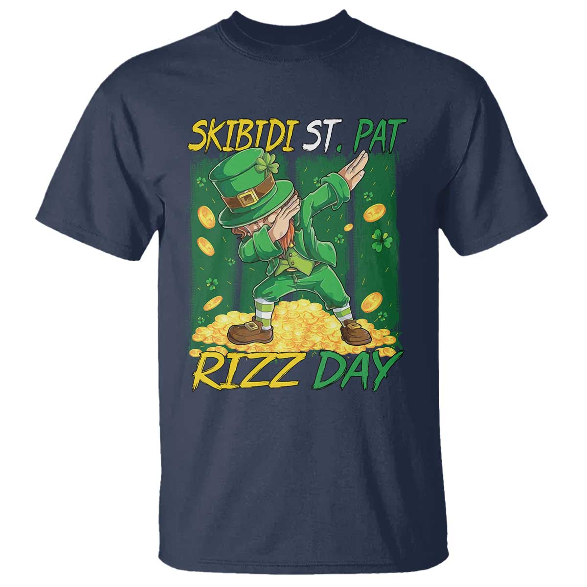 Funny Skibidi St Pat Rizz Day T Shirt Dabbing Leprechaun Shamrock Coin TS11 Navy Print Your Wear