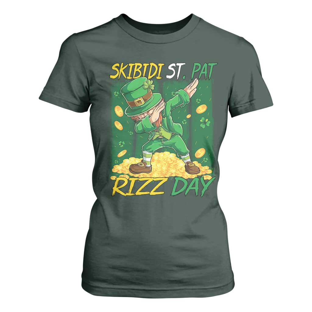 Funny Skibidi St Pat Rizz Day T Shirt For Women Dabbing Leprechaun Shamrock Coin TS11 Dark Forest Green Print Your Wear