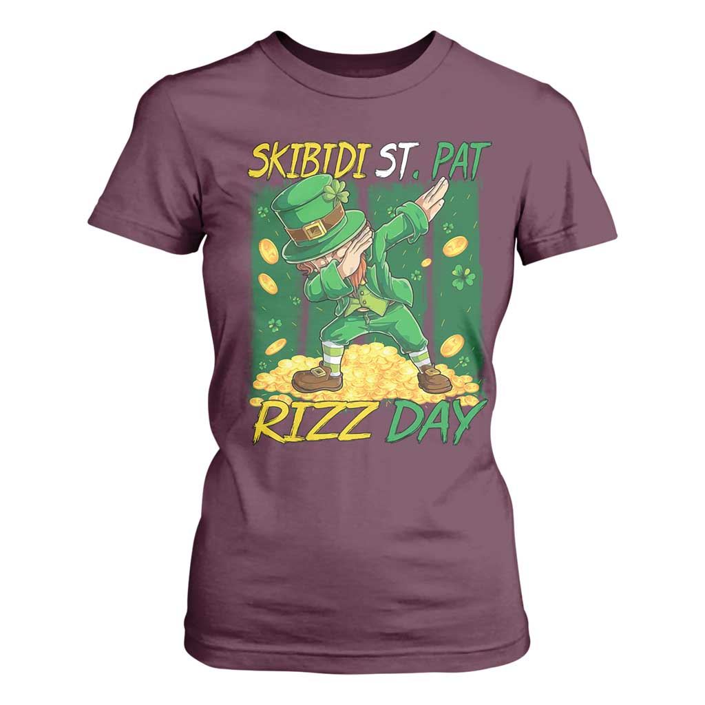 Funny Skibidi St Pat Rizz Day T Shirt For Women Dabbing Leprechaun Shamrock Coin TS11 Maroon Print Your Wear
