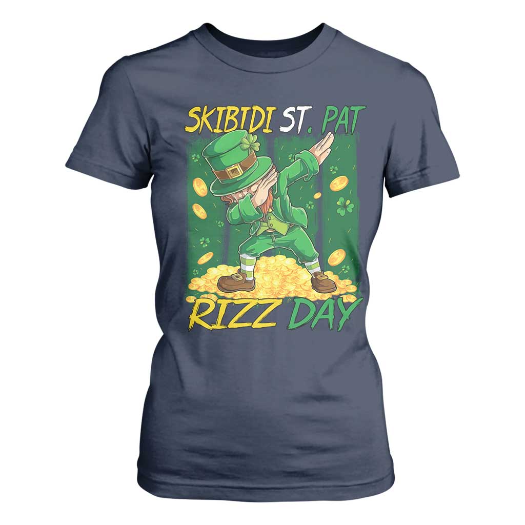 Funny Skibidi St Pat Rizz Day T Shirt For Women Dabbing Leprechaun Shamrock Coin TS11 Navy Print Your Wear