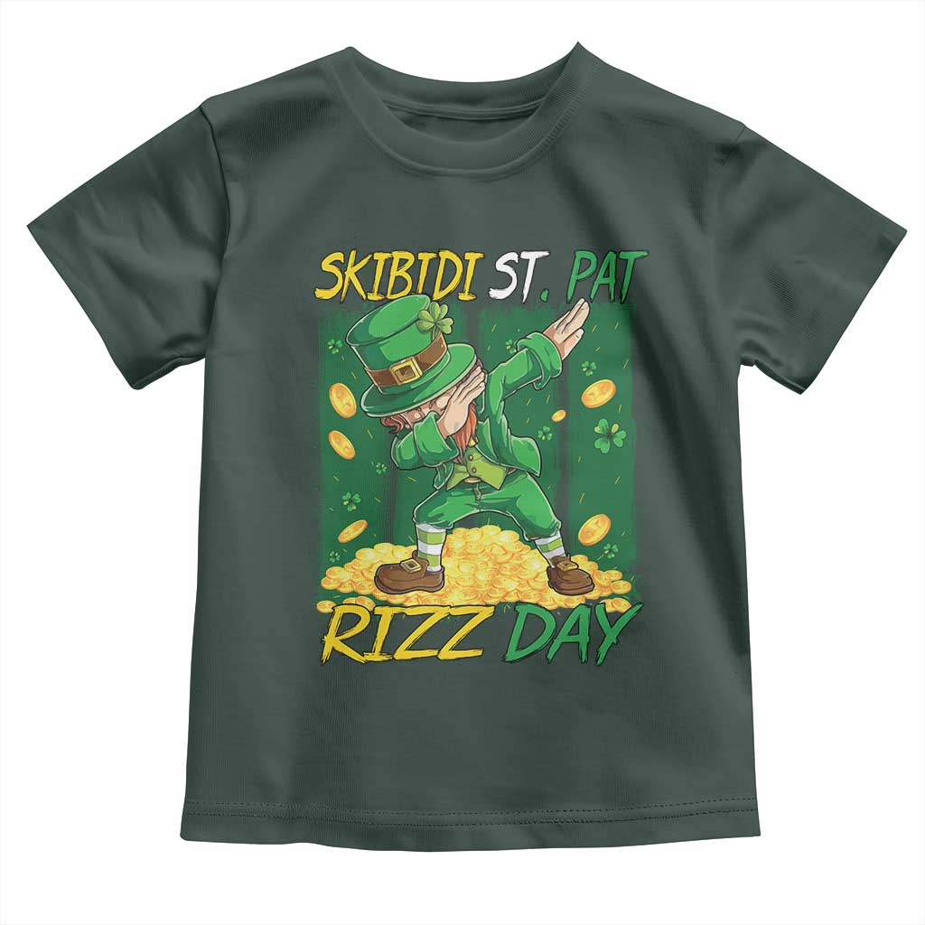 Funny Skibidi St Pat Rizz Day Toddler T Shirt Dabbing Leprechaun Shamrock Coin TS11 Dark Forest Green Print Your Wear