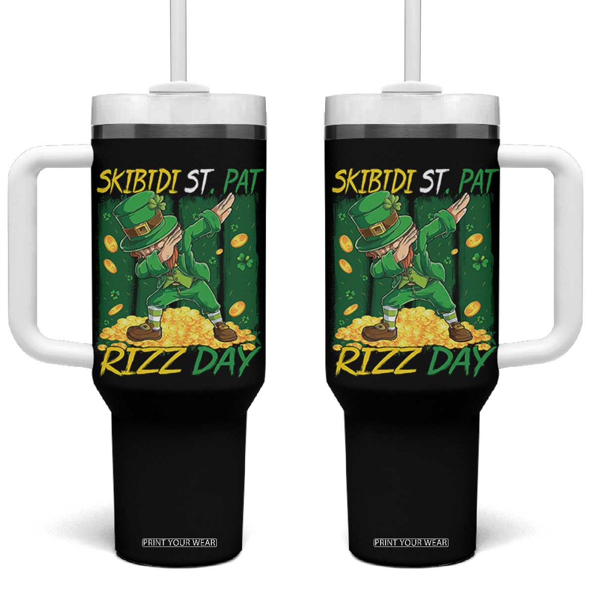 Funny Skibidi St Pat Rizz Day Tumbler With Handle Dabbing Leprechaun Shamrock Coin TS11 One Size: 40 oz Black Print Your Wear