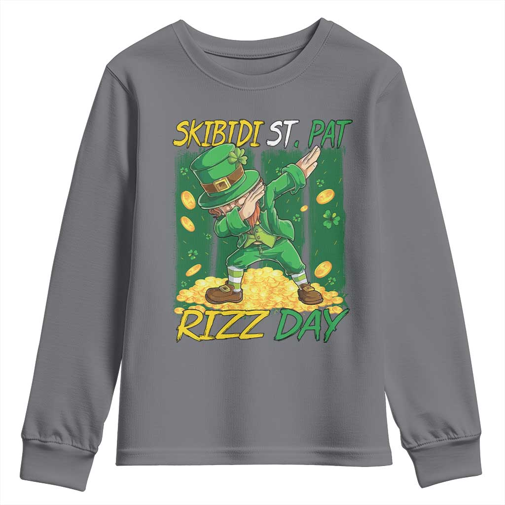 Funny Skibidi St Pat Rizz Day Youth Sweatshirt Dabbing Leprechaun Shamrock Coin TS11 Charcoal Print Your Wear