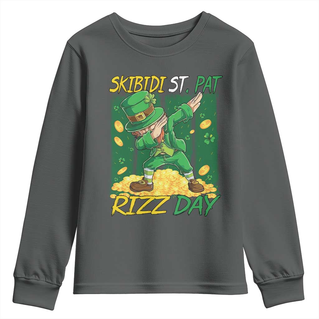 Funny Skibidi St Pat Rizz Day Youth Sweatshirt Dabbing Leprechaun Shamrock Coin TS11 Dark Heather Print Your Wear