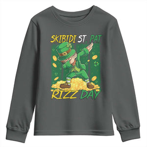 Funny Skibidi St Pat Rizz Day Youth Sweatshirt Dabbing Leprechaun Shamrock Coin TS11 Dark Heather Print Your Wear