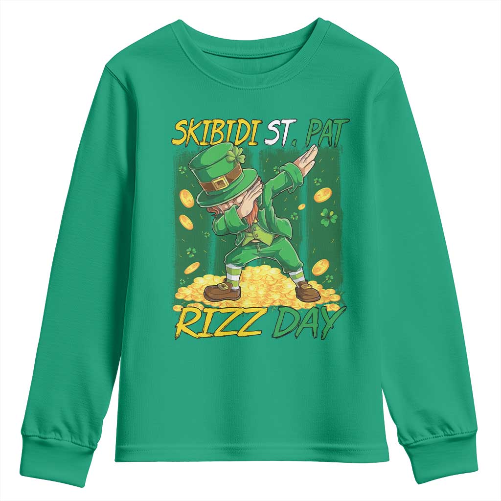 Funny Skibidi St Pat Rizz Day Youth Sweatshirt Dabbing Leprechaun Shamrock Coin TS11 Irish Green Print Your Wear