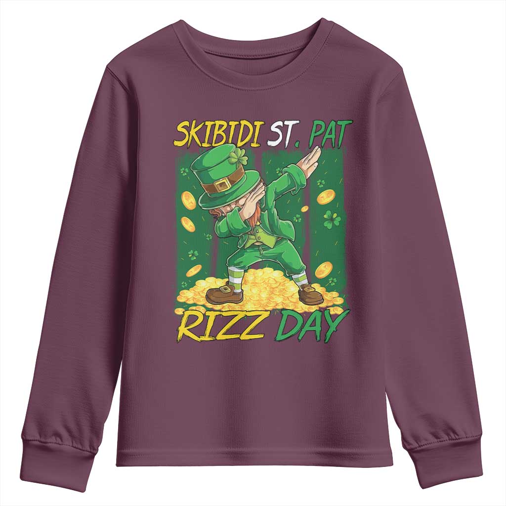 Funny Skibidi St Pat Rizz Day Youth Sweatshirt Dabbing Leprechaun Shamrock Coin TS11 Maroon Print Your Wear